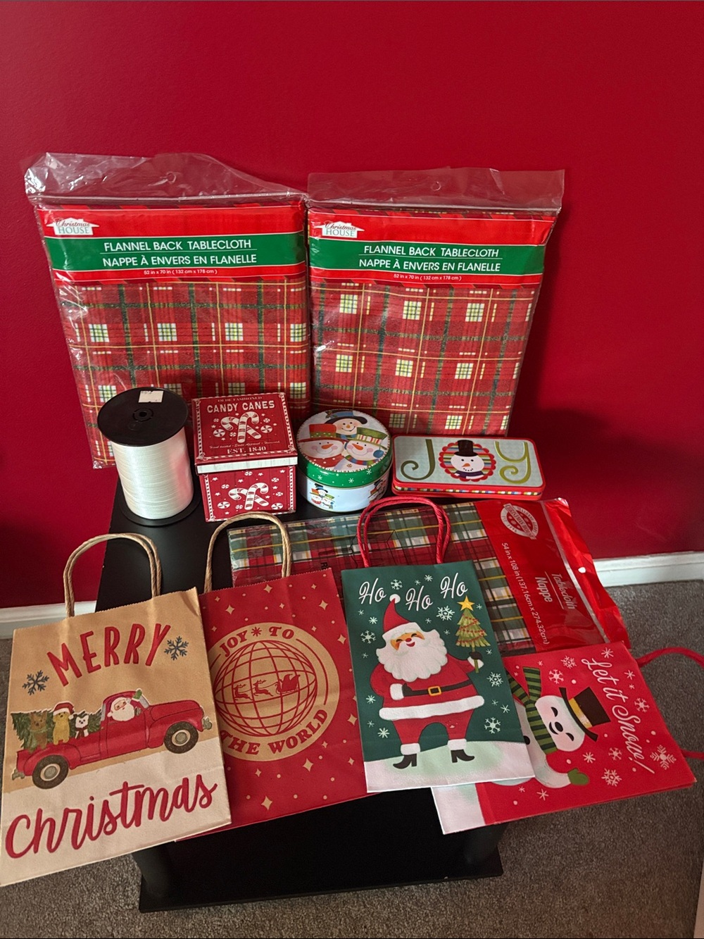 Holiday Plaid Flannel-Back Tablecloths & Red Christmas Gift Bags Set